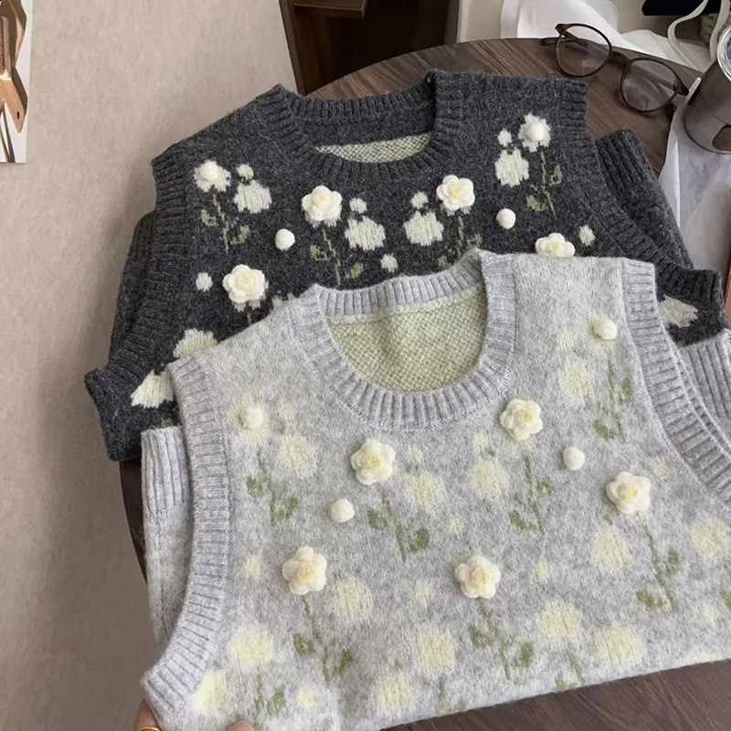 Sweet Knit Sweater Vest Women 3D Floral Sleeveless O Neck Lazy Wind Vintage Pullovers Korean Cute Print Loose Casual Jumpers 260916