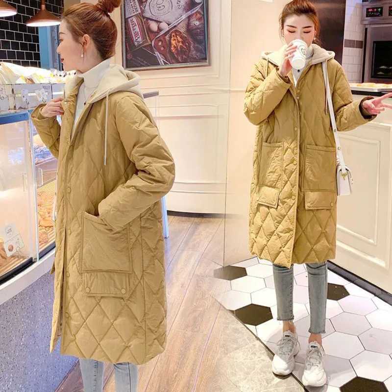 New Autumn Winter Women's Check Down Cotton Coat Long Hooded Parker Overcoat Oversized Female Loose Casual Padded Jacket H260917