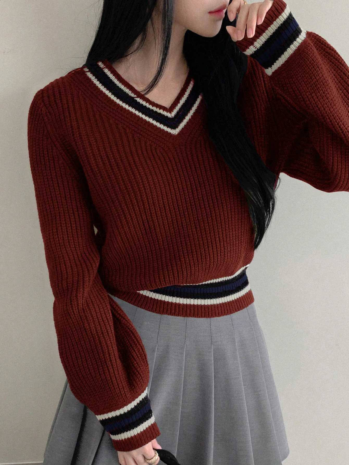 Burgundy Striped Trim Women's Knit Sweater V-Neck Puff Sleeve Cropped Preppy Top for Casual Wear J260916