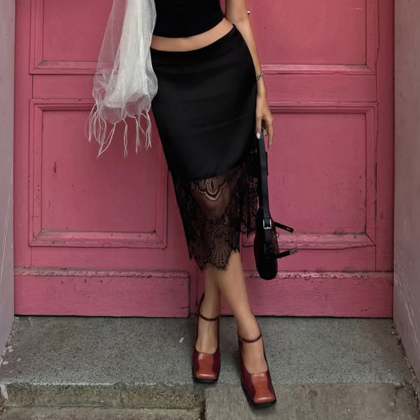 Elegant midi skirt with touch of mature charm, featuring sexy acetate matte satin fabric, fashionable lace patchwork, and a slit design 16