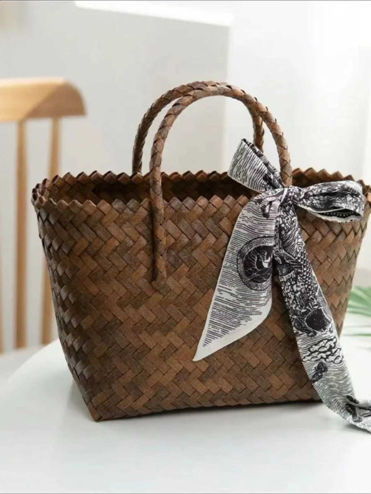 Rattan Woven Large Capacity Casual Women's Bag Handcrafted Basket Shoulder Tote Soft Polyester Washable Summer 2024 H260916