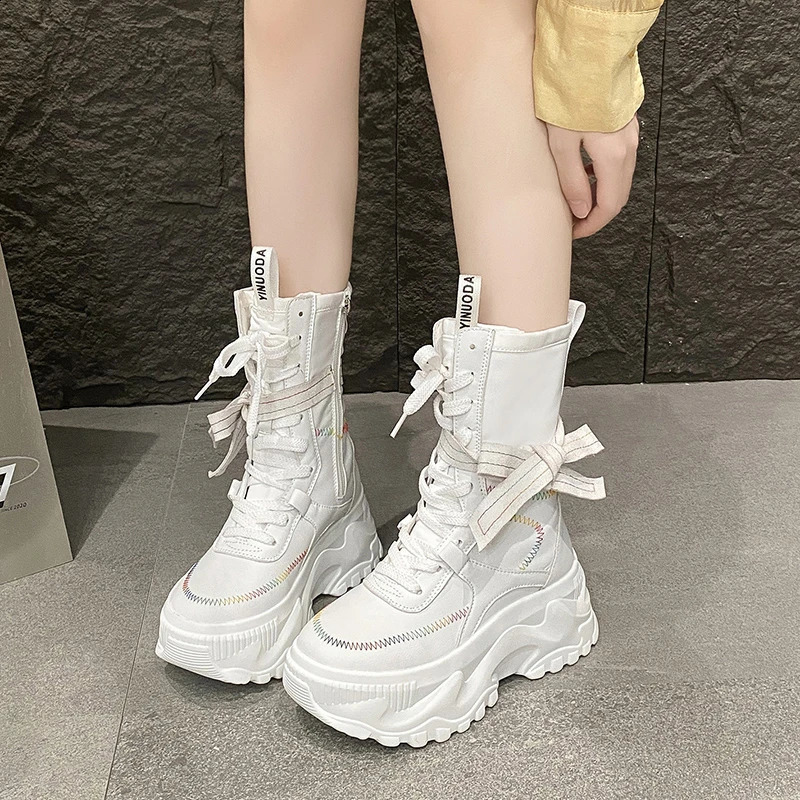 Women Ankle Boots Autumn Leather Chunky Shoes Woman High Platform Breathable Sneakers 8CM Thick Sole Wedges Motorcycles Boots 260917