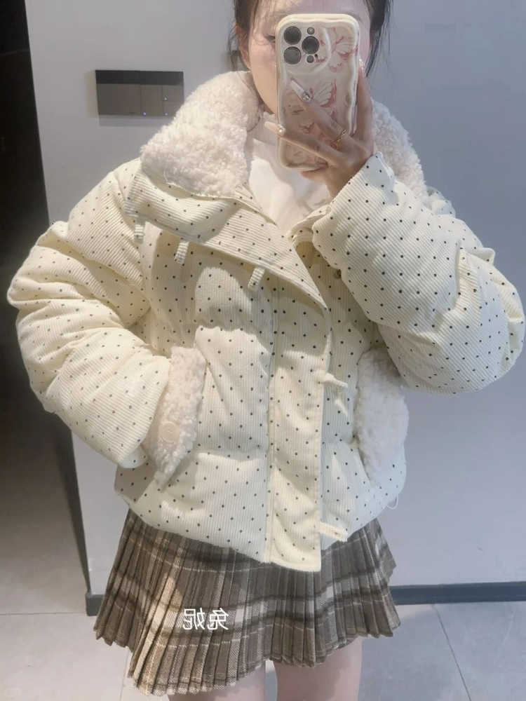 Parkas Sweet Polka Women Dot Winter Loose Casual Thicken Button Patchwork Puffy Coats Korean Fashion Fur Collar Female Outwear H260917
