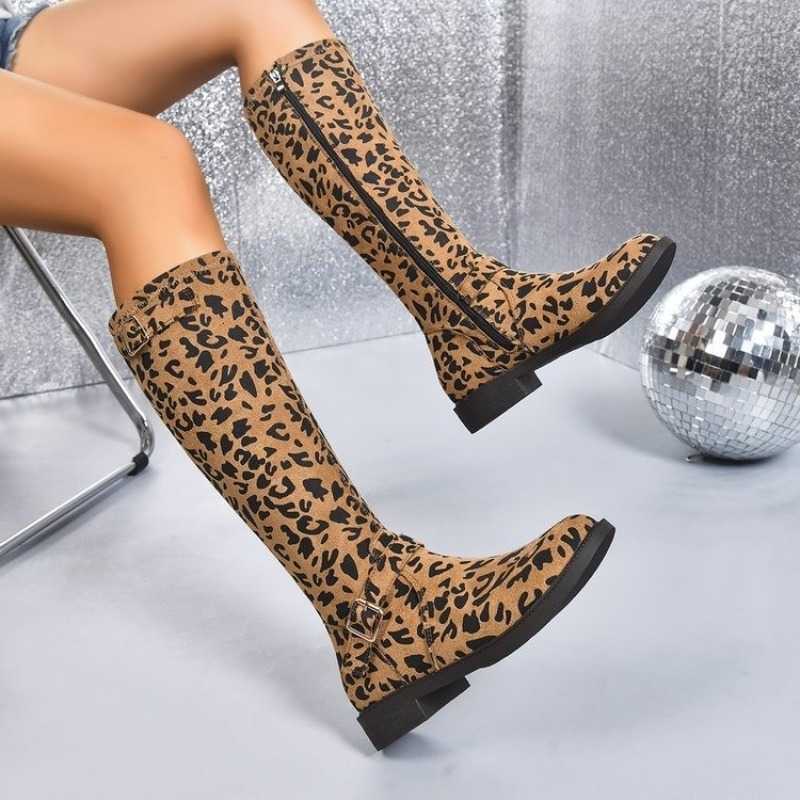 Autumn and Winter Round Toe Low Heel Women's Shoes Belt Leopard Print Soft Slip High Boots D260917