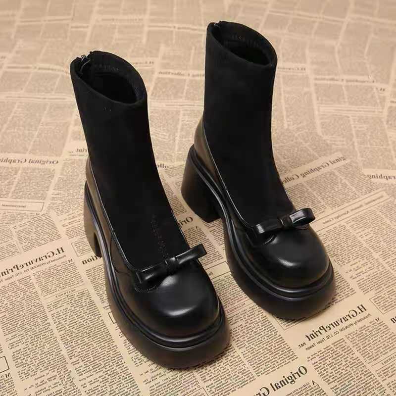 Sock Women Stretch Bow Platform Ankle Boots Round Toe Block Heel Back Zipper Mary Jane Short Boots Lolita fashion Slim Booties D260917