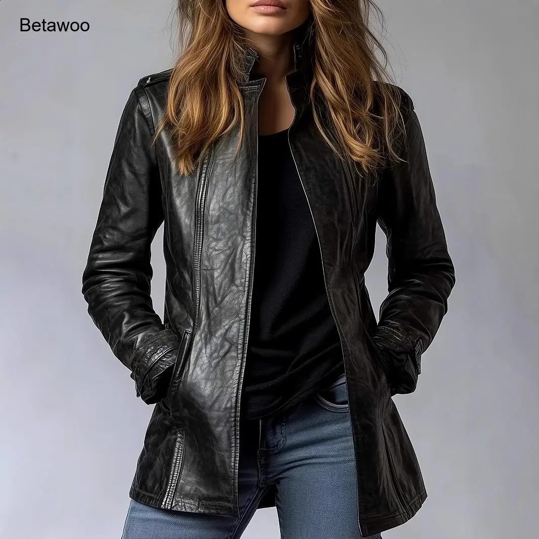Women's Black Leather Trench Coat - Stand Collar Long Sleeve Slim Fit Biker Jacket Casual Moto Outerwear 260916
