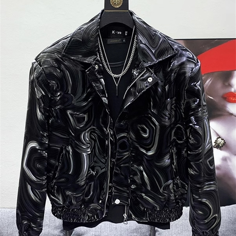 Mauroicardi Spring Autumn Cool Short Black Shiny Geometric Faux Leather Jacket Men Zipper Stylish Clothes 260917