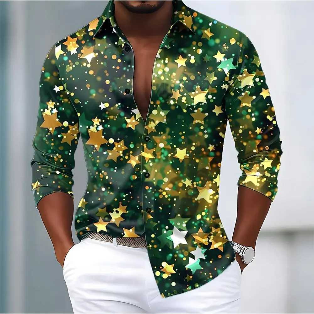 Christmas Men's Sparkly Galaxy Star Print Shirt Button Up Shirt Long Sve Fashion Spring Fall Turndown Print Collared Shirts Q260917