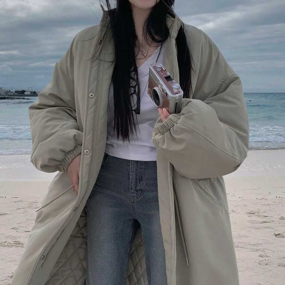 Long Quilted Coat Jacket Women Winter Stand Collar Zip Up Single Breasted Parka Loose Outdoor Jackets Female 2025 H260917