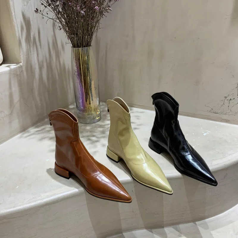 Flat Pointed Toe Black Slimming Bottom Short Boots Women Spring Autumn Low Heel PU Leather Booties fashionable And Comfortable D260917