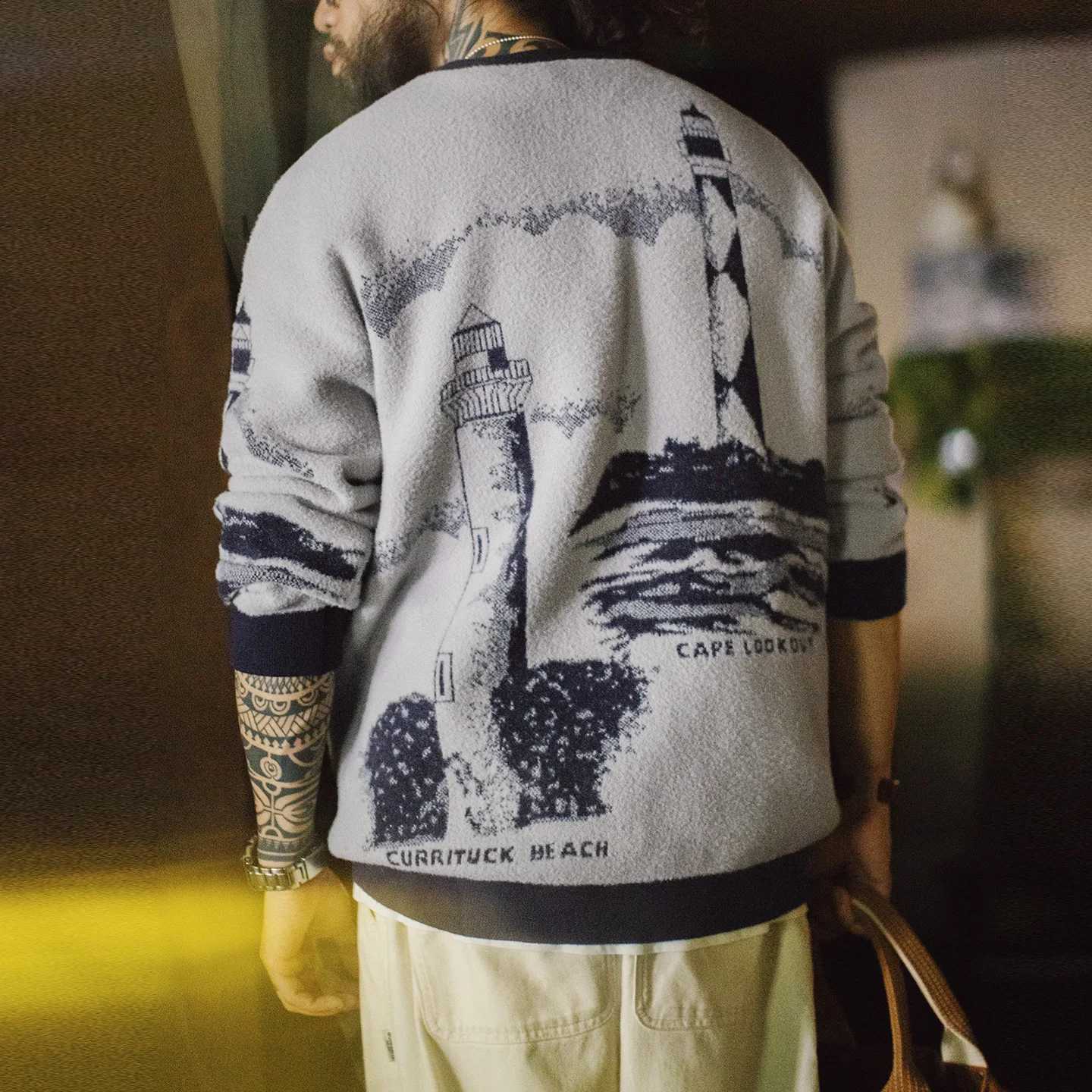 Crewneck Maden Pattern Gray Lighthouse Sweater Heavyweight Warm Soft Knitwear Men's Relaxed Fit Pullover for Autumn WinterW260915