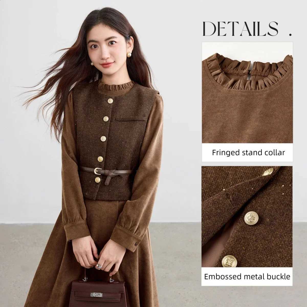 Women Vintage Autumn Winter SENTUBILA Outfit 2026 Woman 2 Pieces Dress Sets A Line Dress Thick Woolen Sequin Waistcoat W53ZB3659W260915