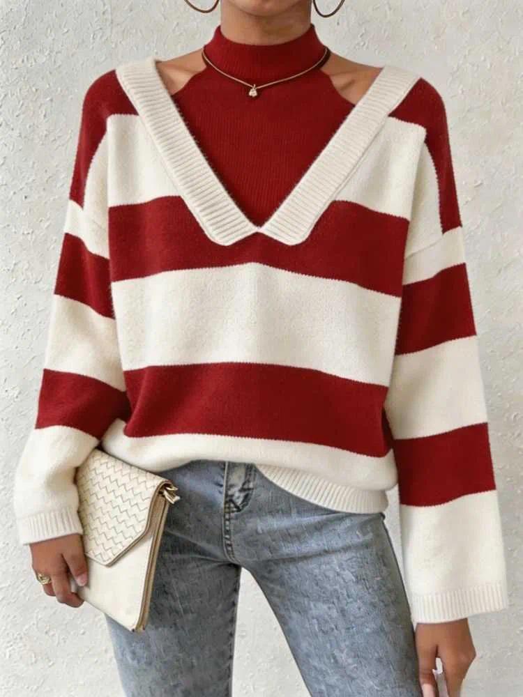 Women Elastic Knit Pullover Sweater TwoPiece Mock Neck Striped CutOut Shoulder Long Slve Loose Casual Ladies Daily Knit Tops