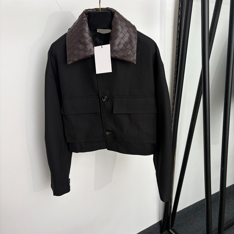 Designer Women Minimalist Jacket Woven Lapel Collar Cropped Windproof Coat Autumn Winter Casual School Office Travel Outwear