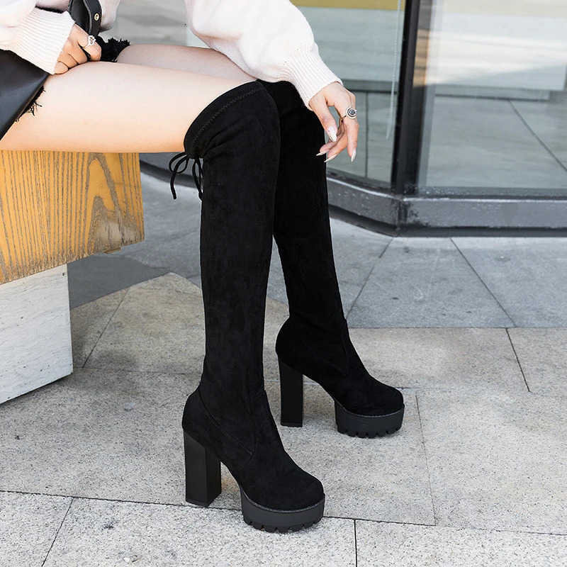 Tight Knight Boots Suede Comemore High Heels Thick-soled Stretch Long Boot for Women Trend Plush Warm 2024 New Winter Knee Botas D260917