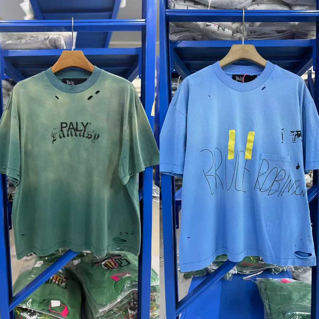 Retro Washed Green Paly T-shirt Loose Casual Ripped Graffiti Print Tops Breathable Cotton Short Sleeve Streetwear X260916