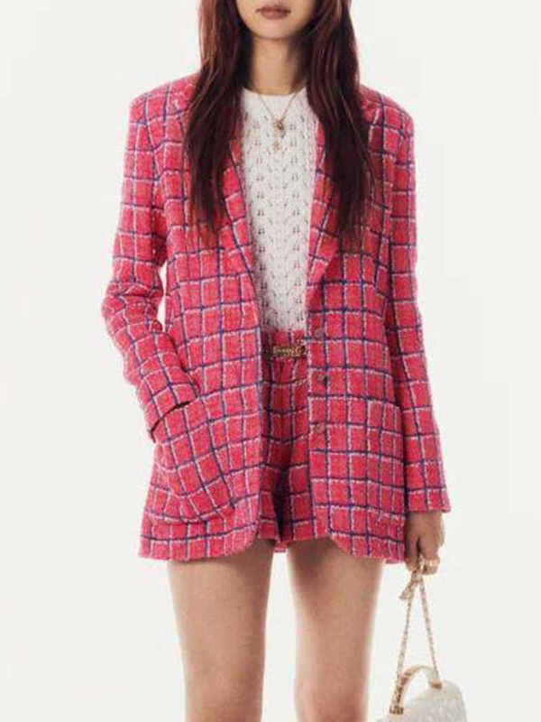 designer Women's Jackets Spring new collection: CH-style blazer, shorts, pink plaid tweed top, and pants exuding a sophisticated and elegant au