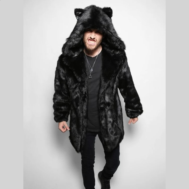 LEOSOXS Men's Faux Long Sleeve Hooded Thick Warm Y2K Jackets Male Plush Fluffy Cardigan Casual Parka Snow Wear Winter Fur Coat 260917