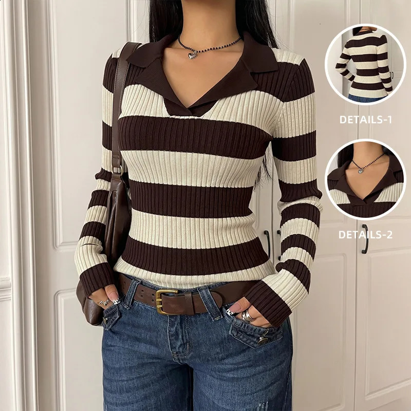 Women Knitted Pullovers Sweaters Striped Jumpers Turn Down Collar Long Sleeves Slight Strech Slim Fit Casual 2026 Autumn Winter 260916