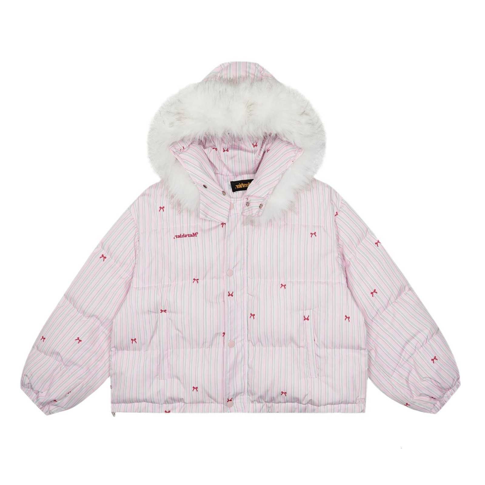 Bow Striped American Cotton Style Jacket Sweet Plush fur Collar Hooded Jacket Women Autumn Winter Thick Warm Long Sleeved Top H260917