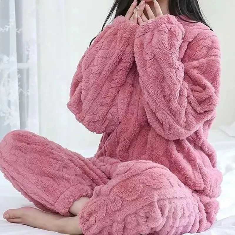 Autumn Women Solid Warm Thicken Velvet Ribbed Fleece Set Pullover And Pants Women Casual Pajama Sets 260917