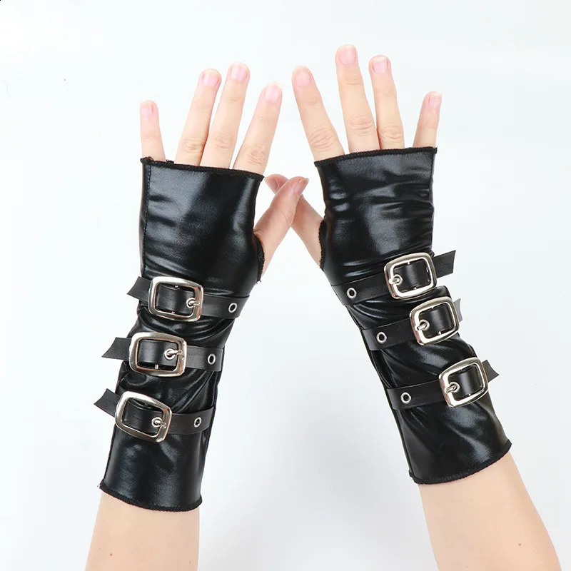 Half Fingered Gloves for Women Gothic Black Fingerless Short Hand Lacquer Leather Metal Buckle Wristband Dark Punk Sleeves 260916