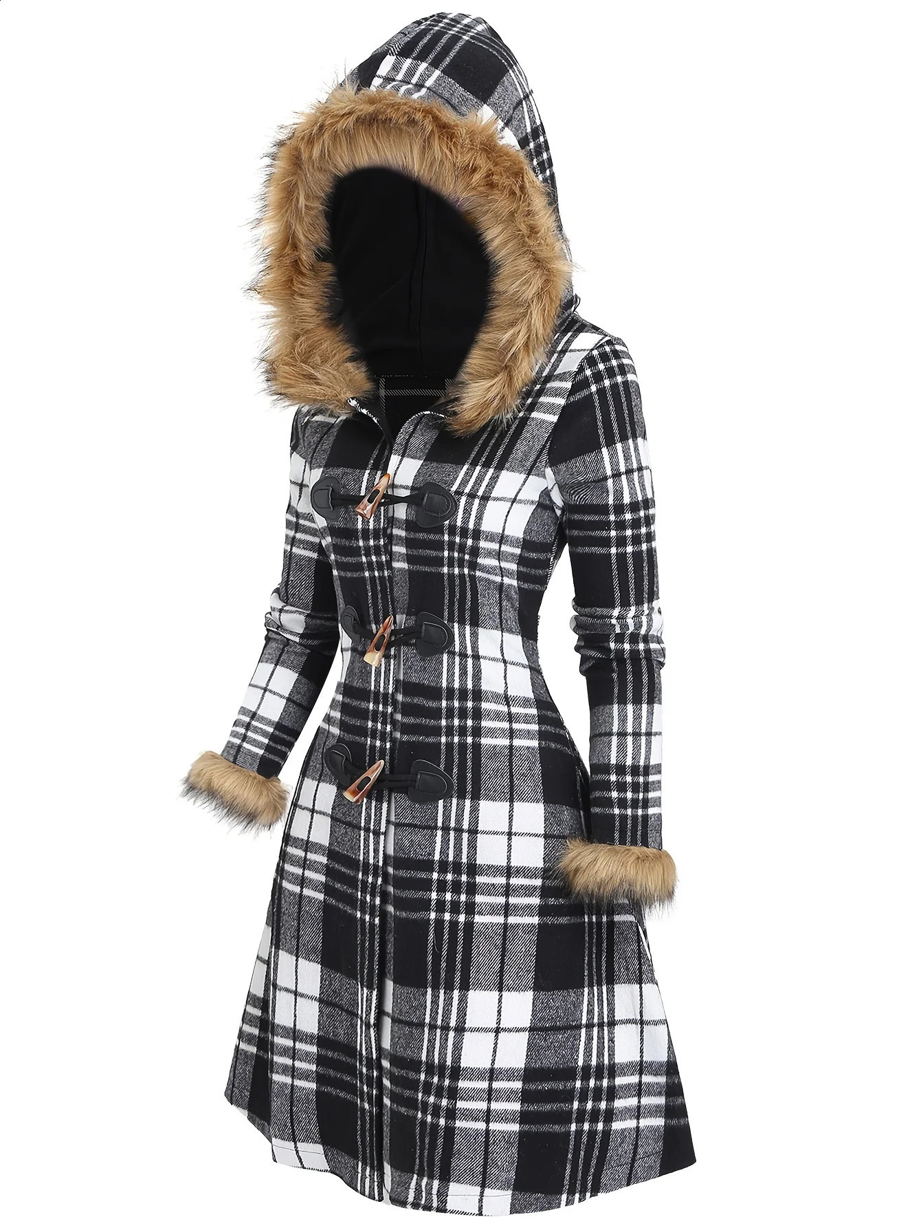 2026 Women's Winter Fur Collar Hooded Jacket Gothic Retro Checkered 260917