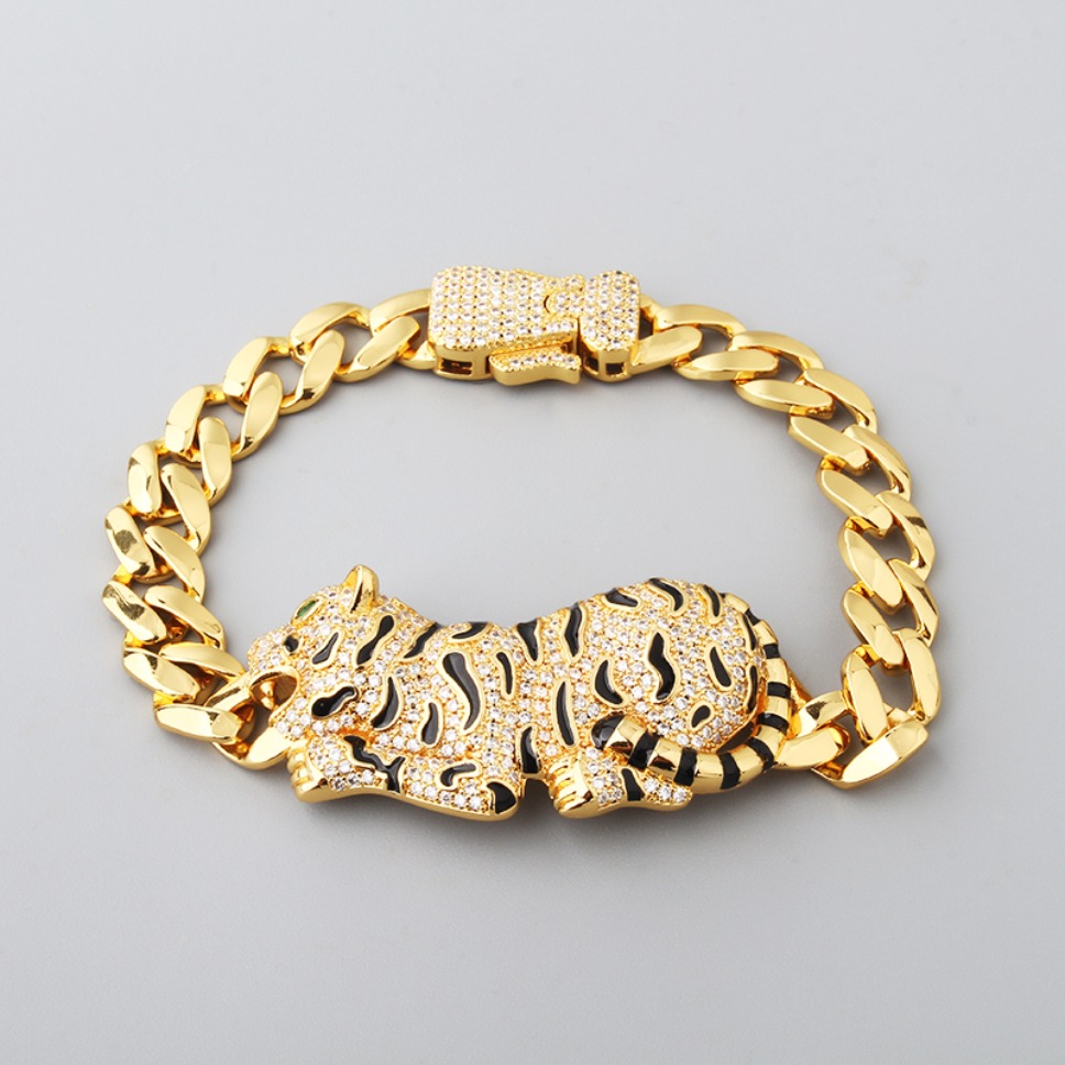 Designer Gold Plated Tiger Bracelet Full Paved Crystal Black Enamel Cuban Link Chains Fashion Men Women Hip Hop Jewelry