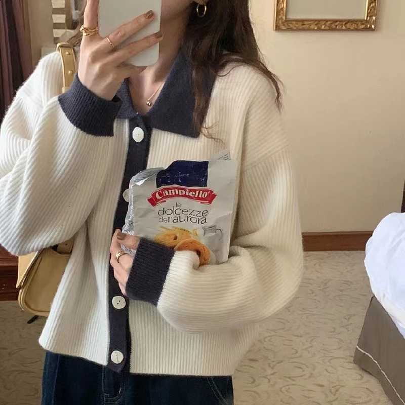 2026 Women Autumn Cardigan Winter Vintage Contrast Thick Knit Sweater Korean Long SLeeve Loose Collar Sweater Outerwear J260916