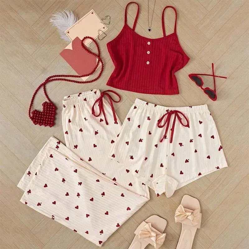 Women Pajamas Luxury Brand Designer Women Spring Summer Heart Print Ribbed Button Cami Three loungewear Piece Set Loungewear Drawstring Comfortable