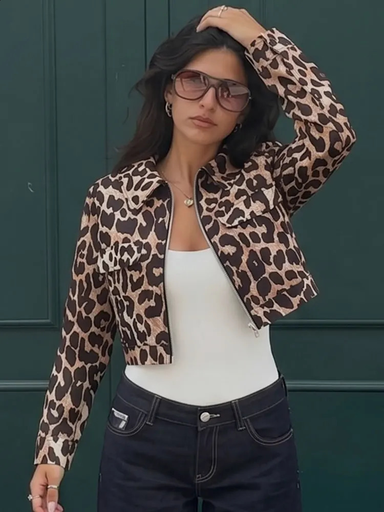 HH Women Leopard Print Cropped Top Zipper Long Sleeve Jackets Spring Autumn High Street Fashion Party Casual Vacation Coat 260916