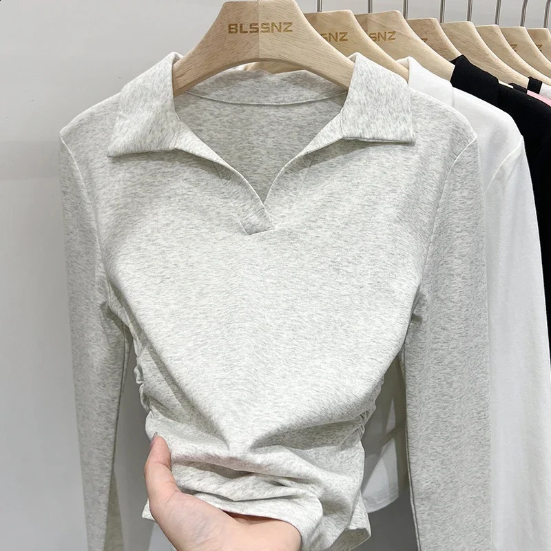 2026 Solid Long Sleeve TShirt Side Pleats Versatile Casual Top Women Autumn Winter Ribbed Knitted Polo Neck Slim Fit Base 260915