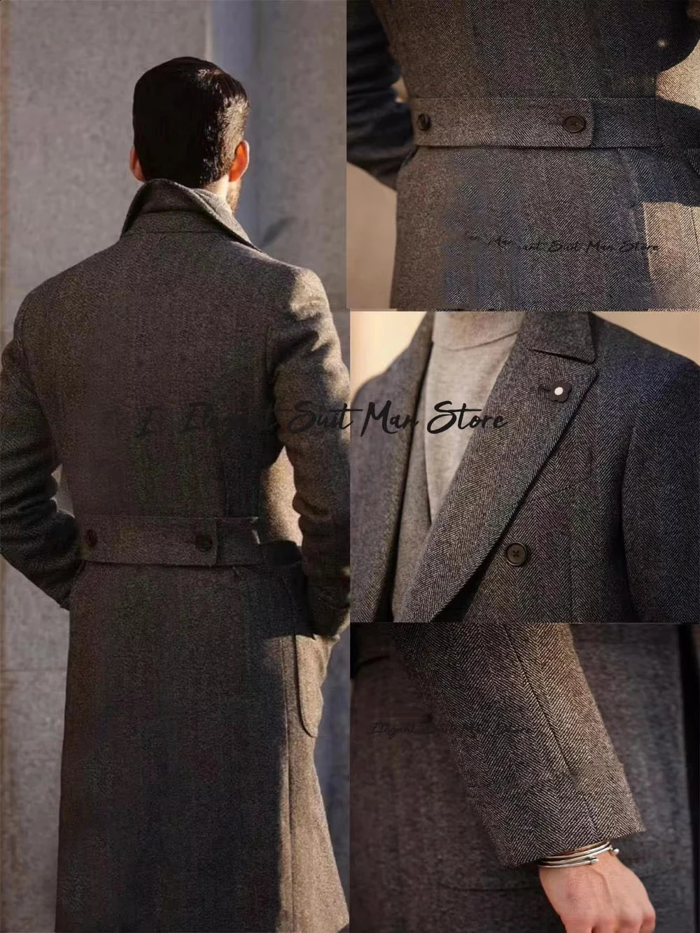 Italian herringbone wool men's long business coat Autumn winter Double breasted classic suits Long coats 260916