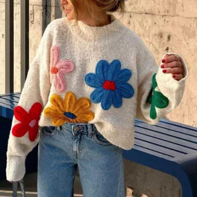 2025 New Style Women's Clothes European Colorful Small Flowers Sweater Women's Embroidered Pullover Knitted Shirt X260916
