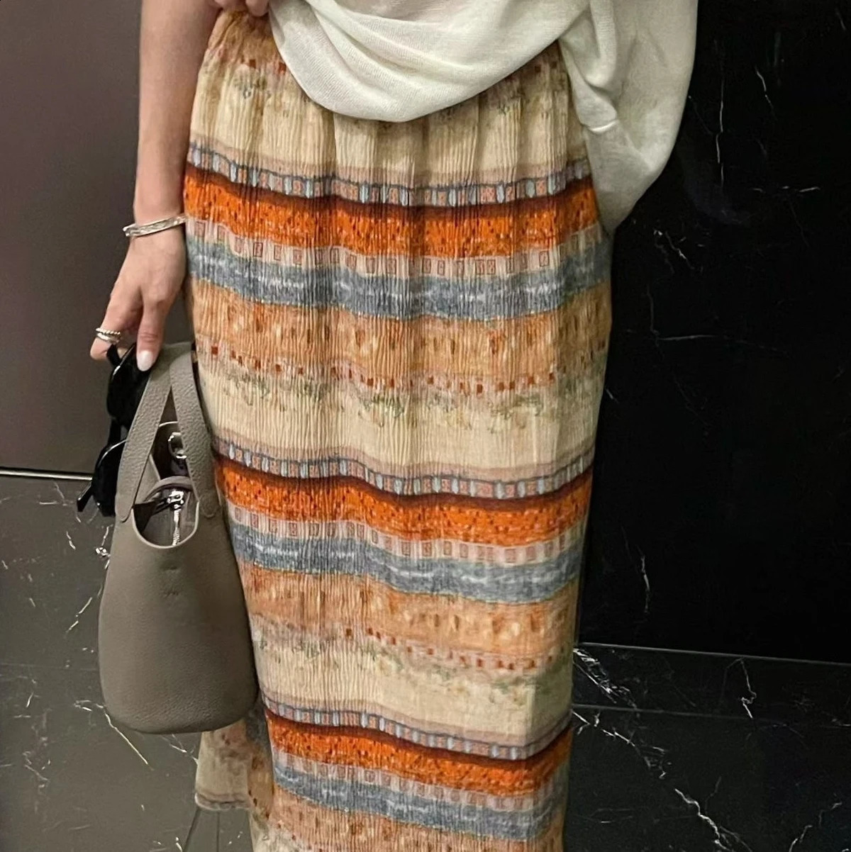 Womens Spring Summer Skirts Fashion Ropa Mujer Rainbow Print Long skirt Elastic High Waist Pleated Beach Vocation Faldas 260917