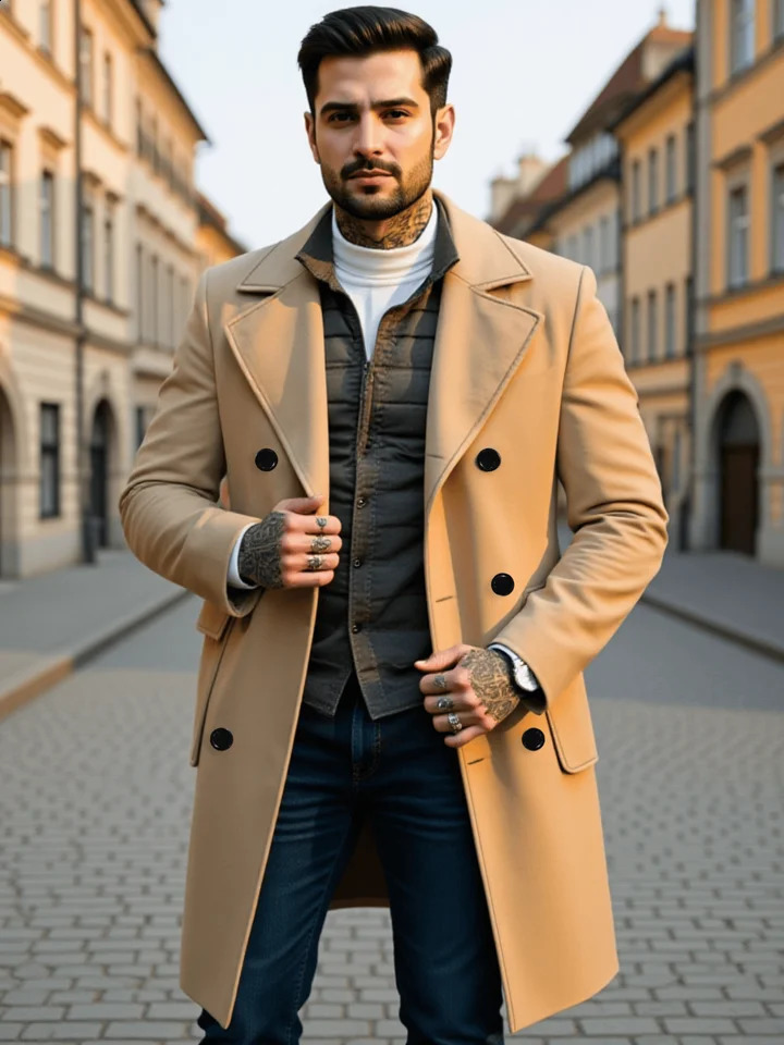 Men's Double-Breasted Woolen Overcoat Thickened Winter Trench Coat Windproof Warm European American Fashion Trend 260916