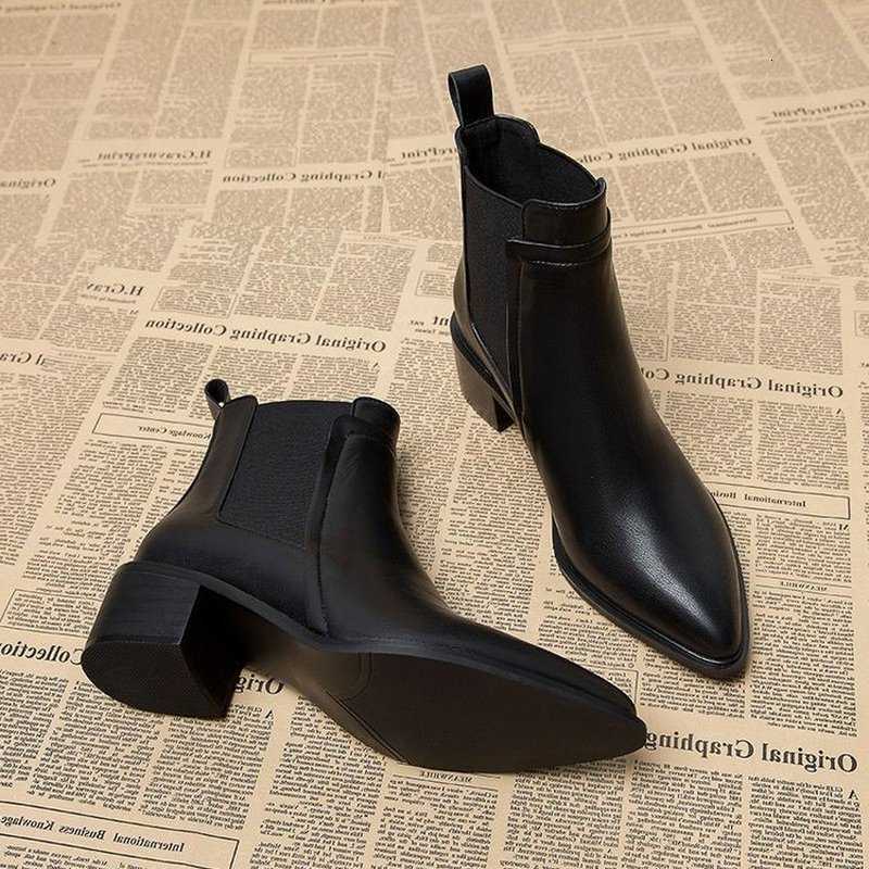 Women Winter Fleece Lined Chelsea Boots Pointed Toe Chunky Block Heel Ankle Boots Warm SlipBooties Plus Size D260917