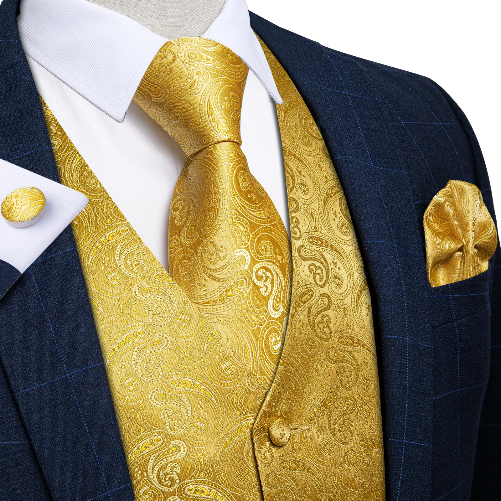 Formal Dress Gold Blue Black Paisley Wedding Suit Vest Business Men Tuxedo Waistcoat Bowtie Necktie Set DiBanGu 260917