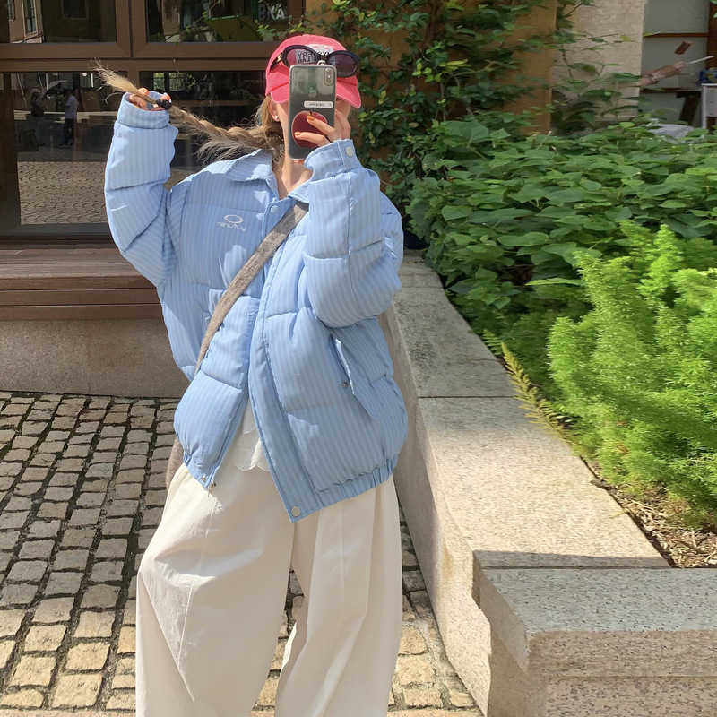 For Korean Striped Cotton Jacket Women Winter Fashion Lapel Embroidered Thicken Coat Casual High Street Loose Warm Overcoat H260917