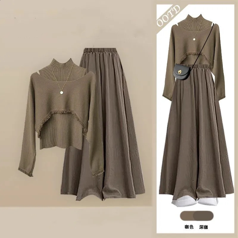 2026 Womens Spring Autumn Chic Knit Sweater SmockVestLoose Skirt Pants 3Piece Suit Korean Elegant Tracksuit Matching Set 260916
