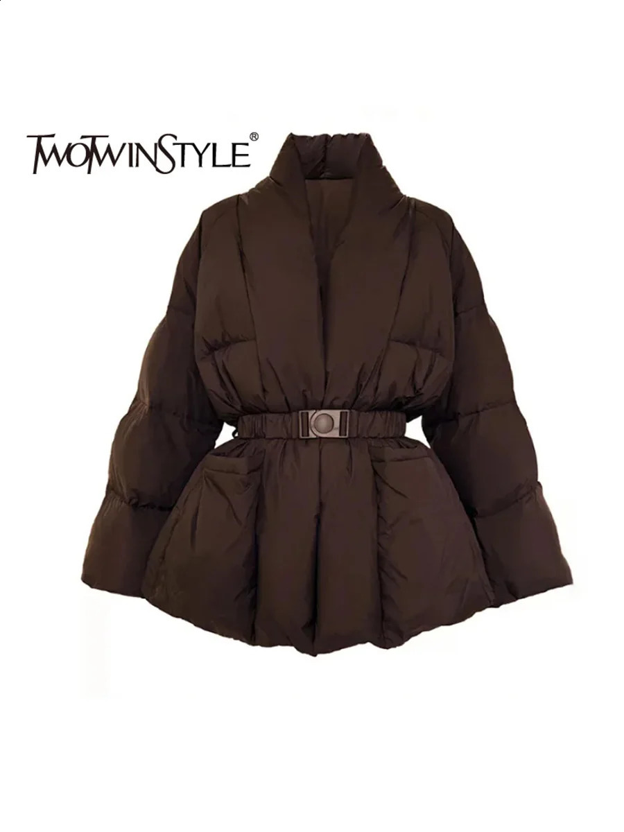 TWOTYLE Solid Spliced Belt Loose Jackets for Women V Neck Long Sleeve Temperament Parkas Female Fashion Style260917