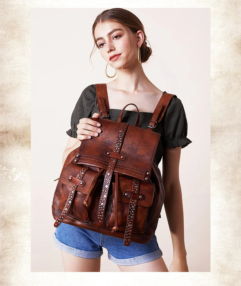 y Genuine Leather Women Backpack Female Leisure Rivet Travel Backpacks Top Layer Soft Cowhide Retro Large C 260916