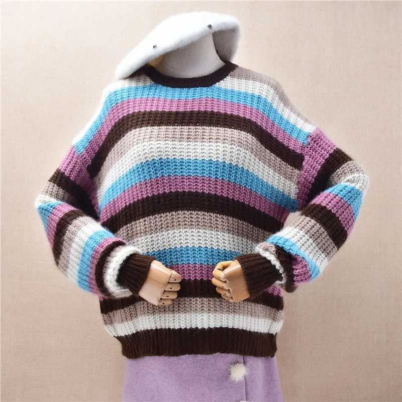 Ladies Women Autumn Winter Fashion Striped Hairy Angora Rabbit Hair Knitted O-Neck Long Slves Loose Pullover Sweater Jumper S260917HN9K