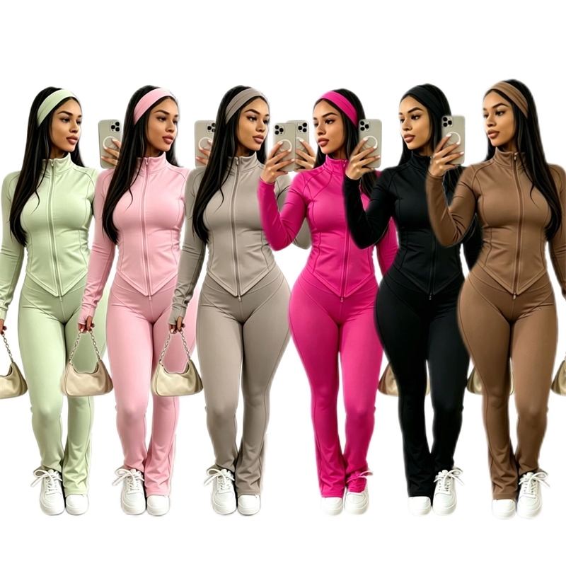 Womens Tracksuit Sports Leisure Sweatsuit Sexy Tight Three Piece Set Women Long Sleeve Zipper Neck Jacket Top Flare Pants And Headscarf 3 Piece Outf