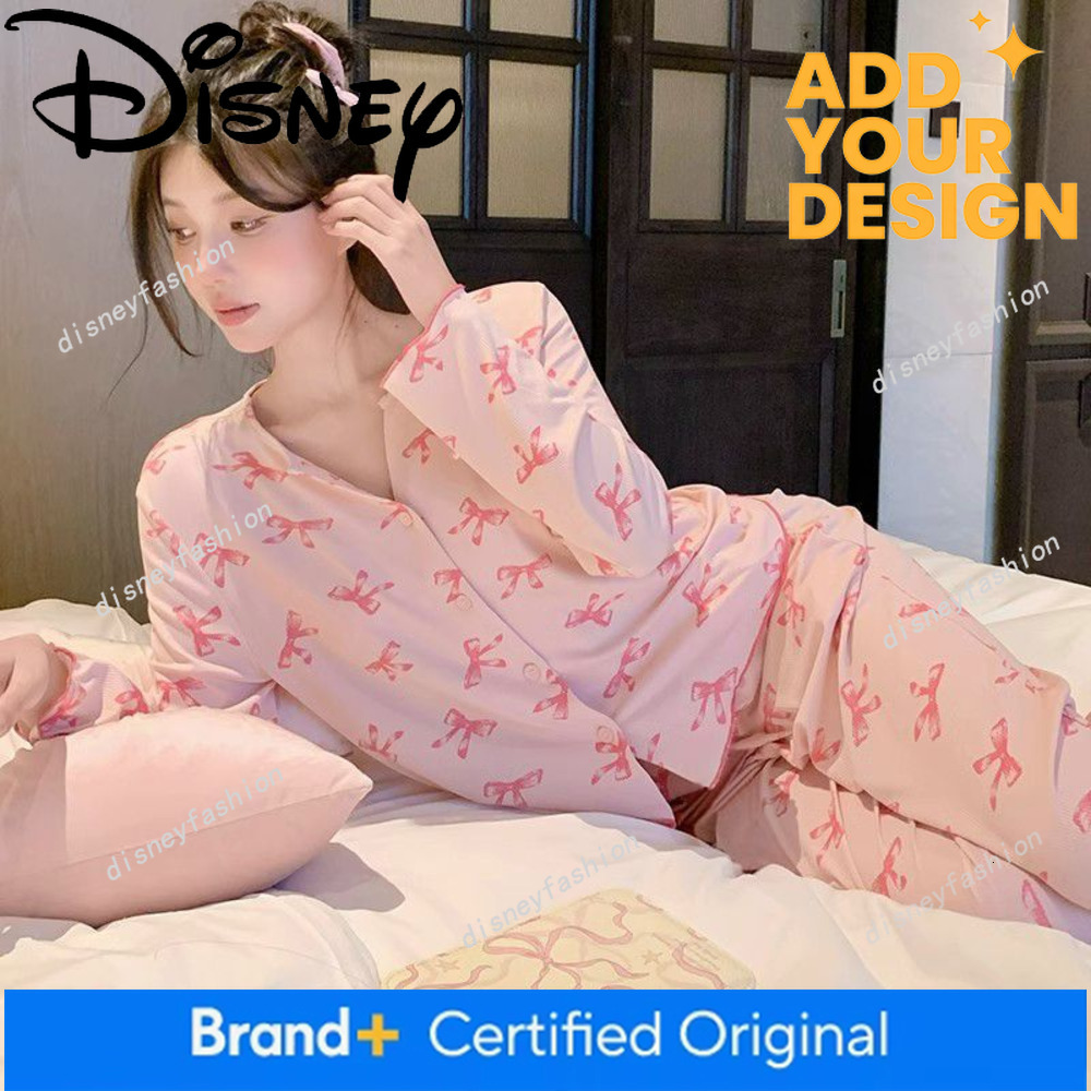 2026 new ribbed ice silk pink bow spring and autumn long-sleeved V-neck cartoon sweet pajamas for women 6a