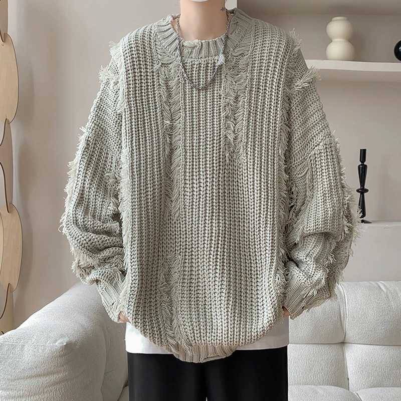 Trend Men's Sweater Ripped PFHQ Tassel Coarse Twill Design Lazy Loose Knitted Tops Long Sleeve Round Neck Men Pullovers 21E7508 J260916