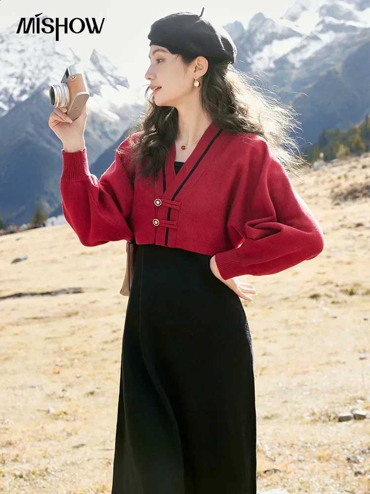 Lantern MISHOW Women's Sleeve Knitted Sweater Dress Midi Skirts 2024 Separately V Neck Coat Dresses Office Lady MXC46L1589W260915