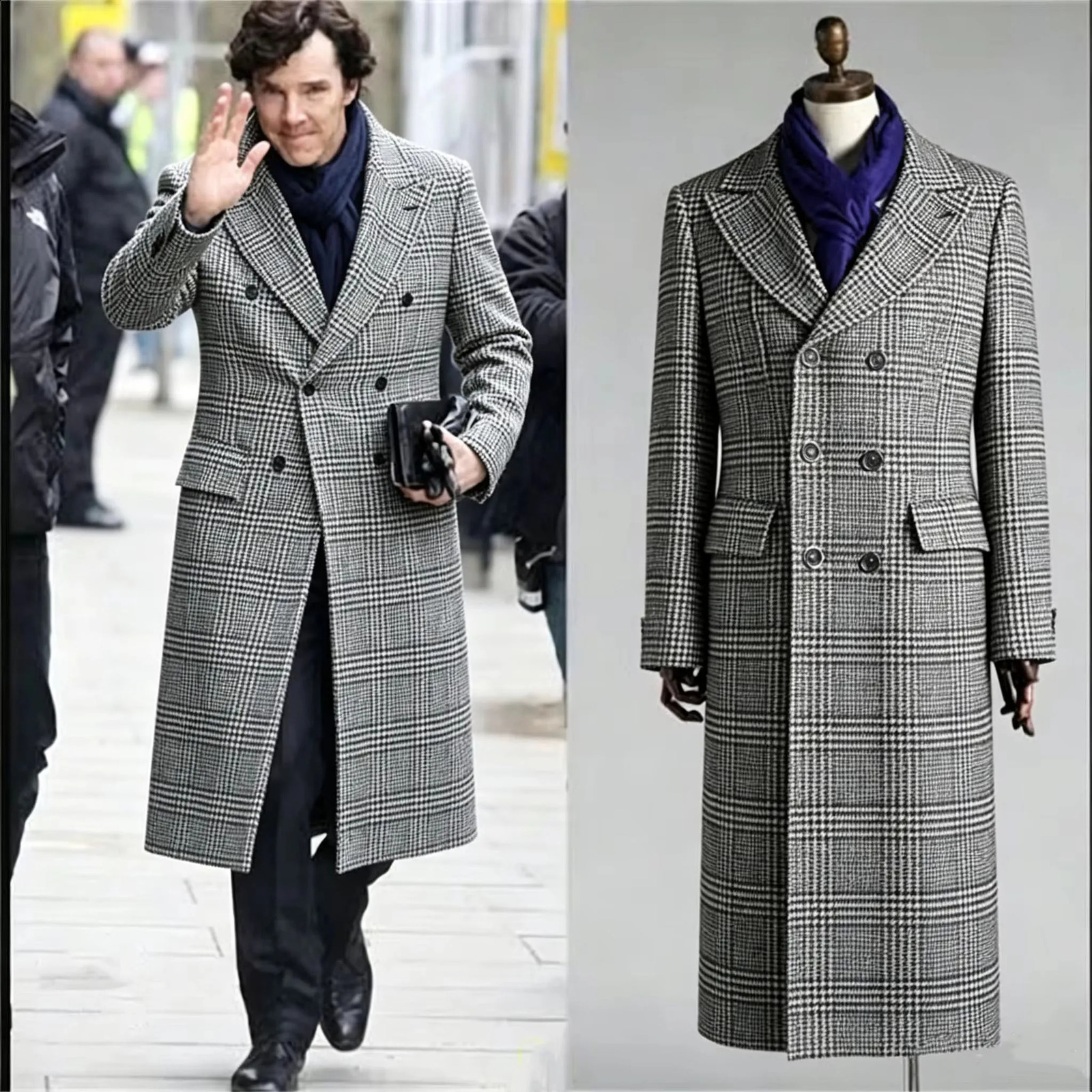 Men's Casual Trench Coat Classic Slim Fit Notched Collar Houndstooth Long Jacket Overcoat Double Breasted Pea Coat With Pockets 260916
