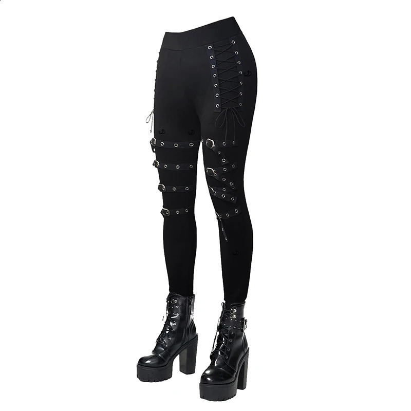 Dressfo Womens Leggings Gothic Solid Color Grommet Buckle Lace Up Skinny High Stretch Pencil Pants 260917