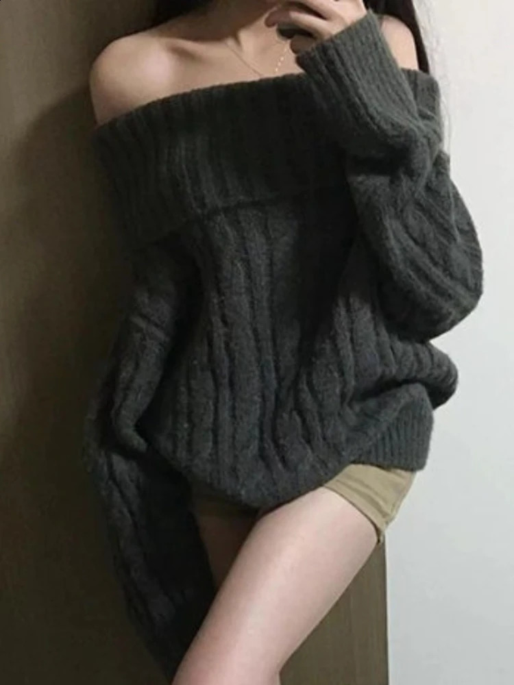 French n Grey Off Shoulder Knitted Sweater Women Oversized Chic Solid Outerwear Y2k Tops Fashion Korean Clothes 260917